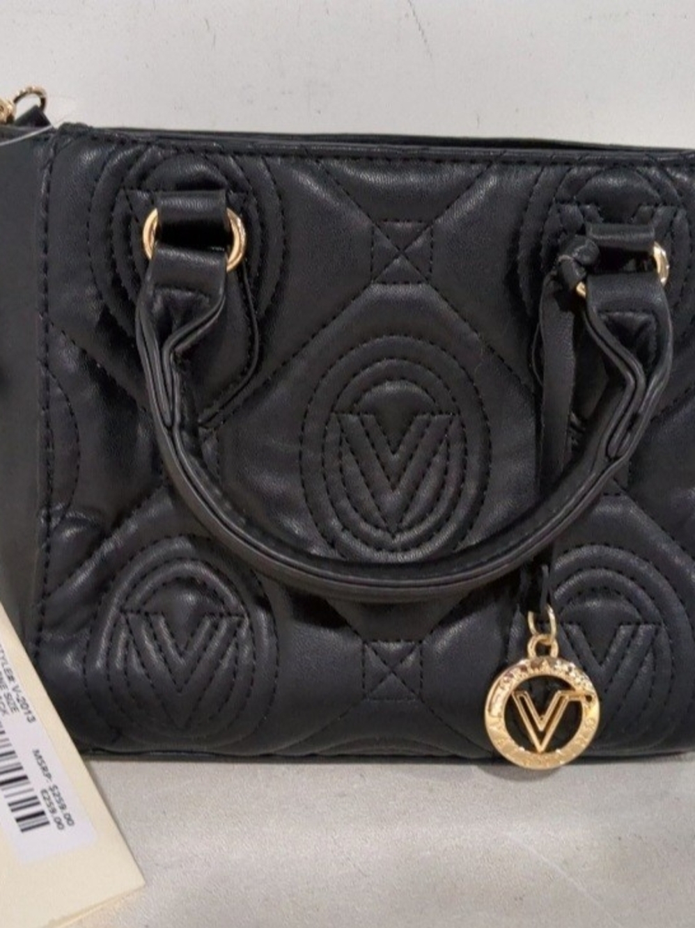 V-Emblem Quilted Small Tote Bag in Black